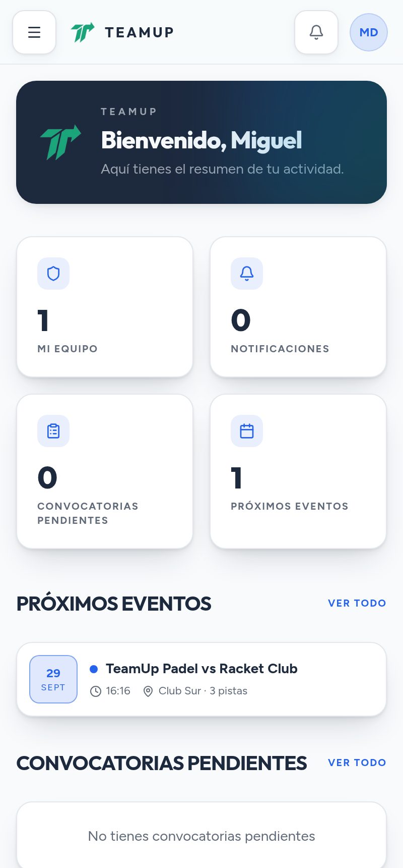 Teamsup en el móvil: inicio del equipo con próximos partidos y convocatorias