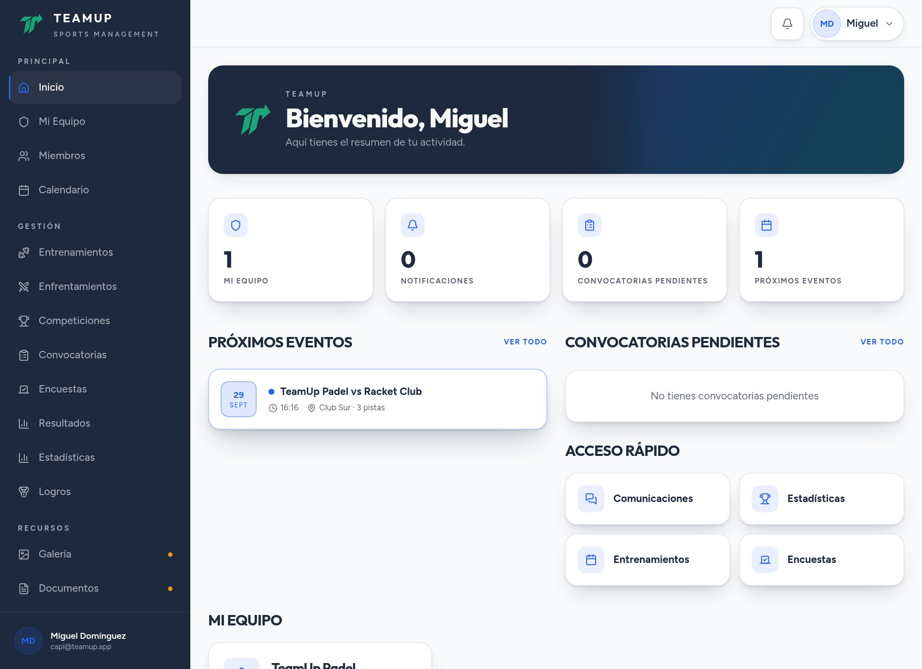 Panel de inicio de Teamsup con el próximo partido, jugadores confirmados y balance de la temporada.